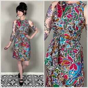Vintage 1960s  Sleeveless Colorful Polished Cotton Minidress